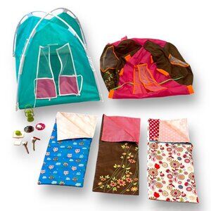 18" Doll Camping Set With 3 Sleeping Bags 2 Tents & Play Dishes